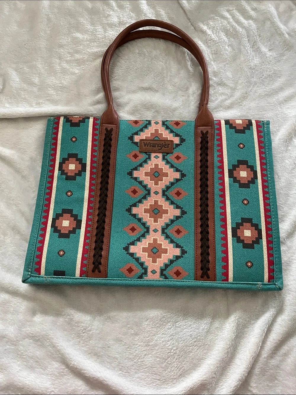Wrangler Teal Aztec Tote with Brown Leather Handles